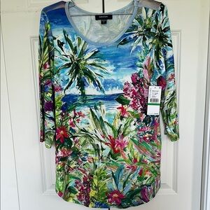 Karen Kane tropical print top. NWT SZ L. 3/4 sleeve tunic length round neckline